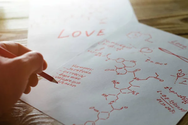 The concept of love as hormones. Sheets of paper written with formulas in search of an answer to the question of what is love .