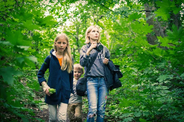 Mamá Sus Hijos Niño Una Niña Están Caminando Bosque Verde —  Fotos de Stock
