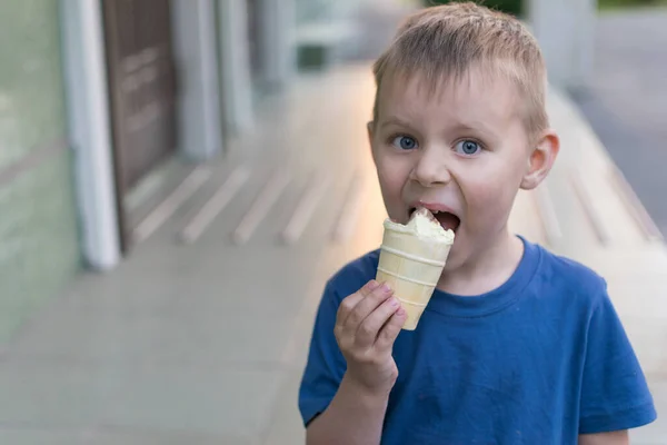 A little boy is eating ice cream. The child is carried away by eating lemon-chocolate ice cream in a waffle cup. Baby delicacy.