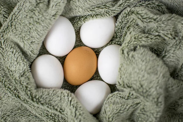 Ovos Galinha Uma Superfície Tecido Cinza Castanho Outros São Brancos — Fotografia de Stock