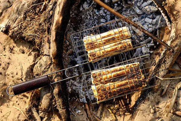 Pan Pita Parrilla Cocinar Sobre Carbón Picnic —  Fotos de Stock