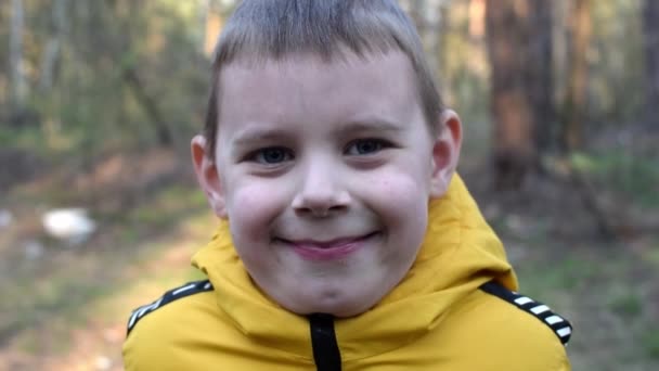 Niño Sonriente Mirando Cámara Bosque — Vídeo de stock