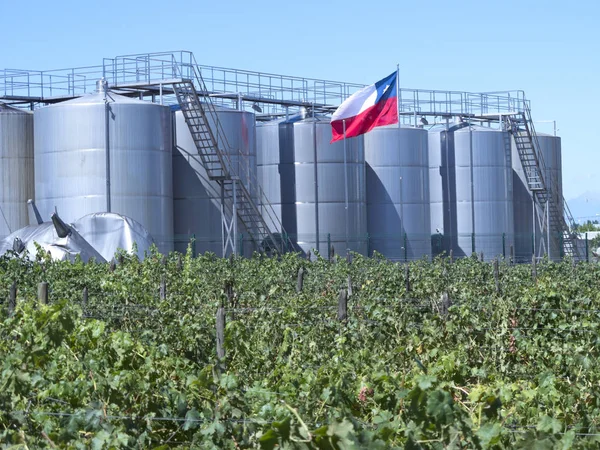 Tanques de fermentación y bandera chilena —  Fotos de Stock