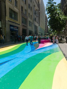 Şili vatandaşlar bayrak yürümek, Santiago de Chile şehrinin merkezinde yürürken. Şili.