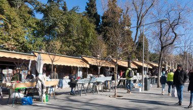 Yürüyüş ve kitapları antika kitapçıda Moyano'nın Slope'da saygısız insanlar Buen Retiro Park, Madrid, İspanya yakınındaki