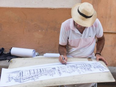 Sokak Illustrator, Havana katedral Meydanı çizim. Kentsel sahne eski Havana, Havana, Küba