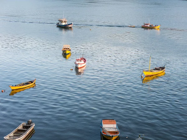 Small fishing boats, moored on the coast of the Valdivia River, — Stock Photo, Image