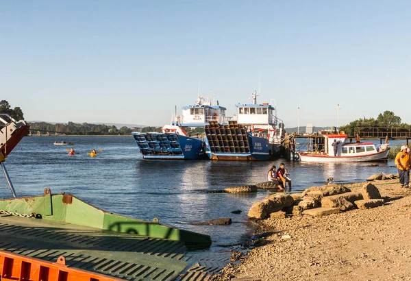Transbordador de pasajeros y automóviles en el río Valdivia, cerca de la ciudad de —  Fotos de Stock