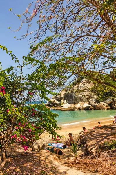 Karaiby Kolumbia Styczeń Karaibska Plaża Tropikalnym Lasem Parku Narodowym Tayrona — Zdjęcie stockowe