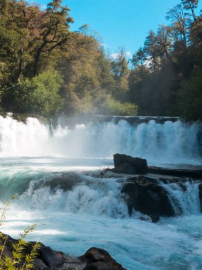 La Leona del Rio Fuy Şelalesi, 10 metre yüksekliğinde, Huilo Huilo Biyolojik Rezervi, Panguipulli, Rios Bölgesi, Güney Şili