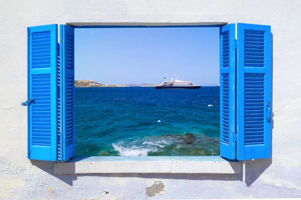Sea view through traditional greek window — Stock Photo, Image
