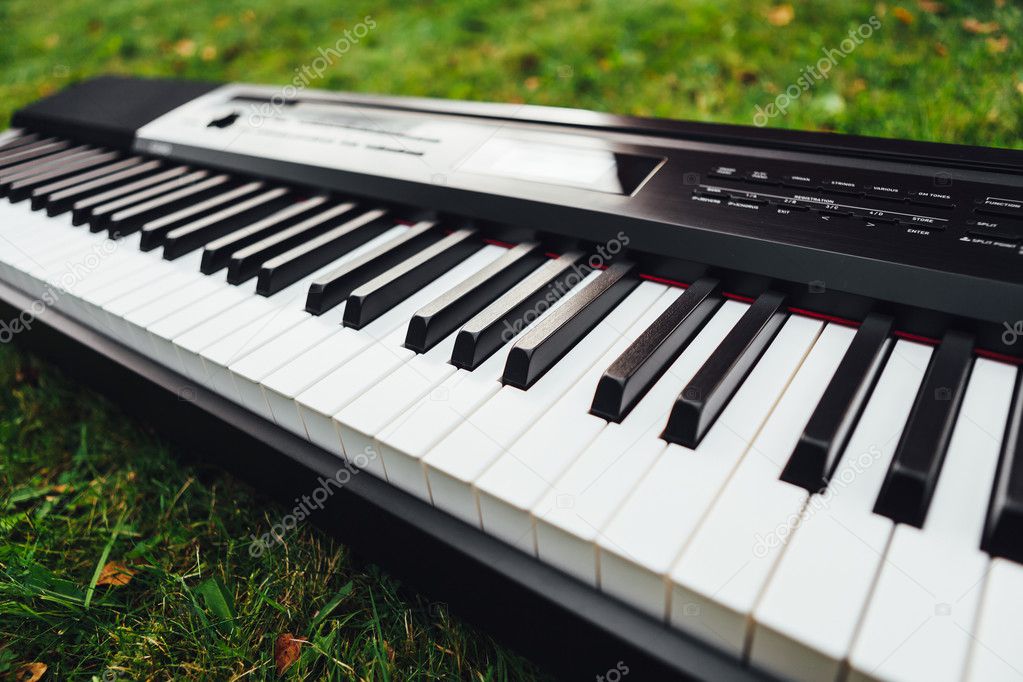 keys of electric piano, green grass background