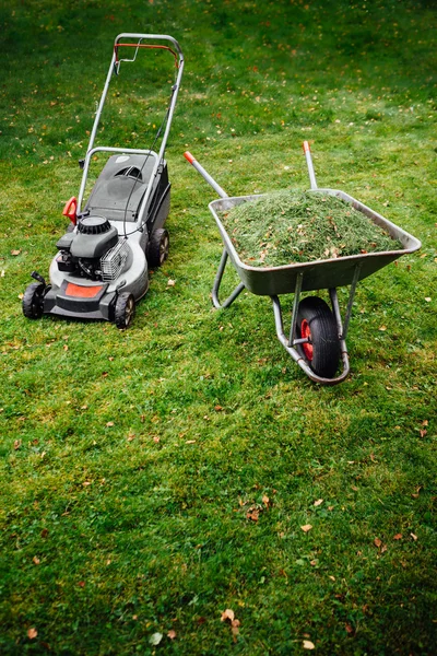 Tosaerba e carriola con erba sul prato verde falciato — Foto Stock