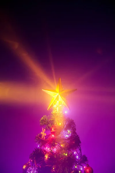 Kerstboom met glanzende ster — Stockfoto