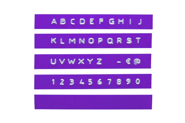 Ανάγλυφο αλφάβητο σε βιολετί πλαστική ταινία, απομονώνονται σε λευκό — Φωτογραφία Αρχείου