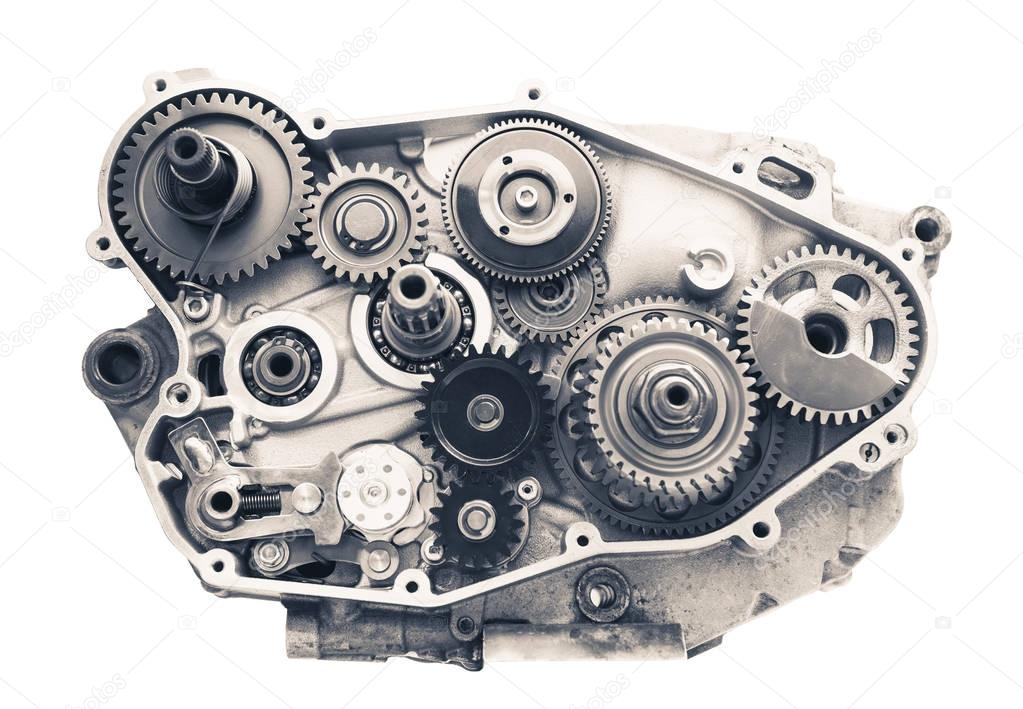 engine cross section with gear wheels, isolated on white