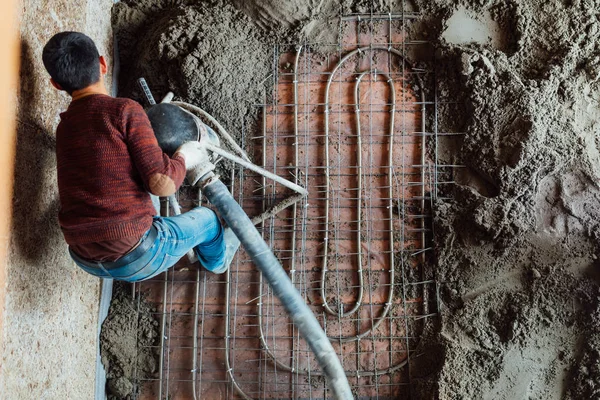 Concrete pumping for underfloor heating, top view — Stock Photo, Image