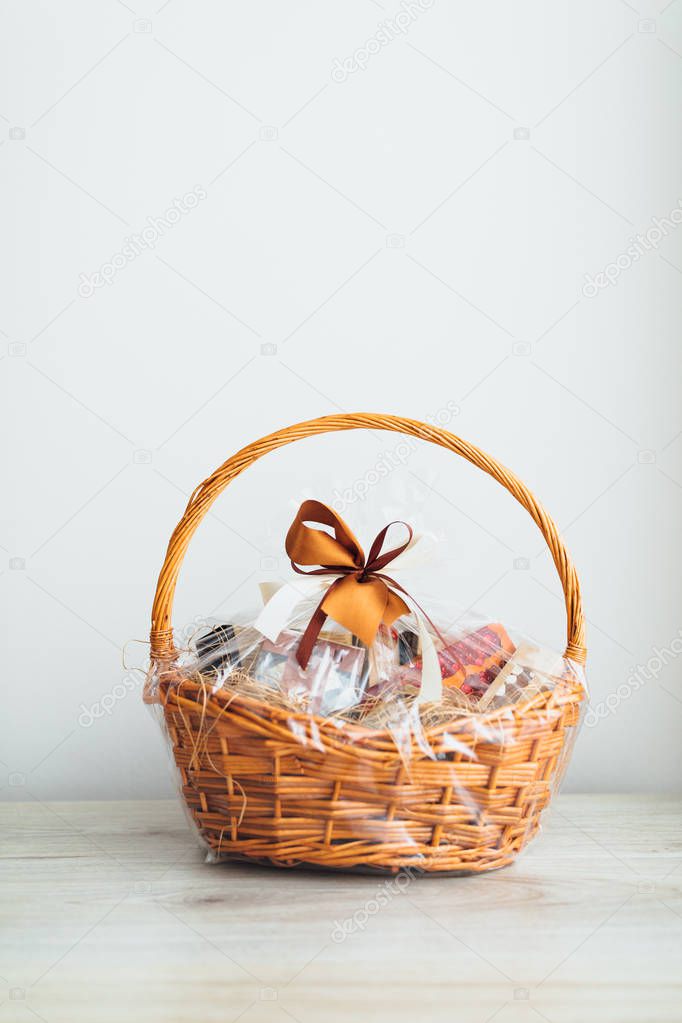 gift basket on grey background