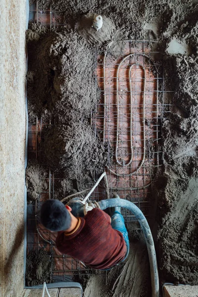 Concrete pumping for underfloor heating, top view — Stock Photo, Image