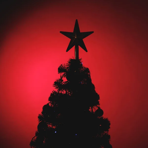 Árbol de Navidad con silueta de estrella festiva, fondo rojo — Foto de Stock