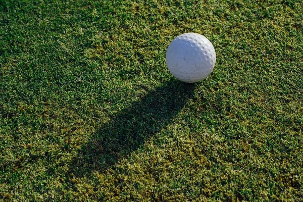 Мяч для гольфа на зеленой траве, вид крупным планом — стоковое фото