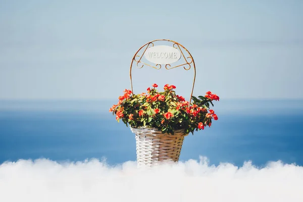flowers basket with Welcome title, clouds and blue sea background