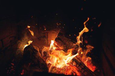 burning fire logs with sparks in the fireplace clipart