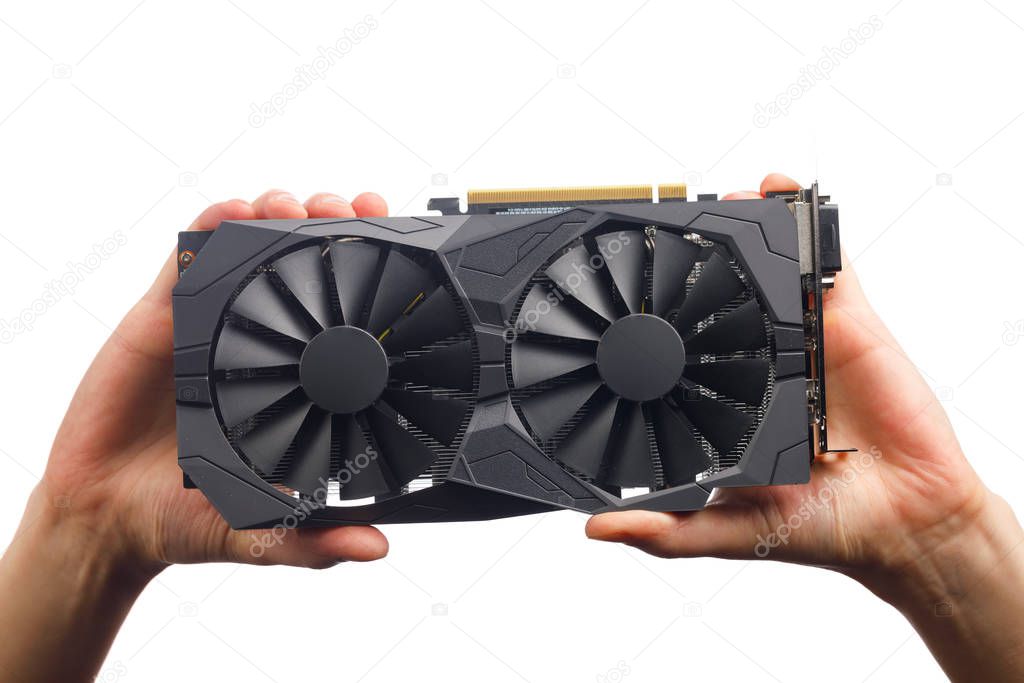 gpu video card in hands, isolated on white