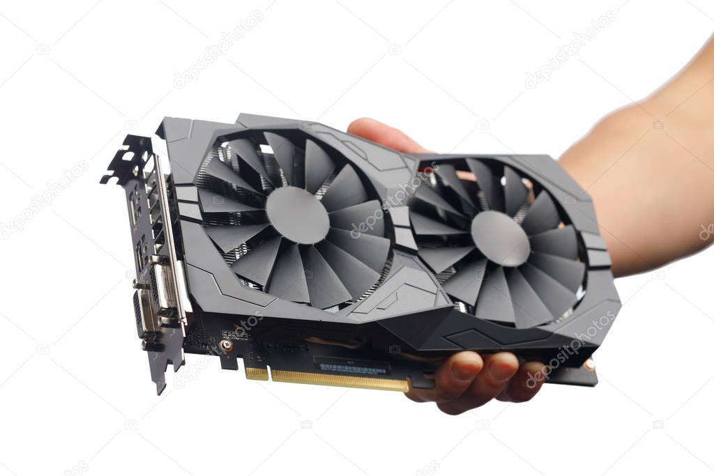 gpu video card in hand, isolated on white