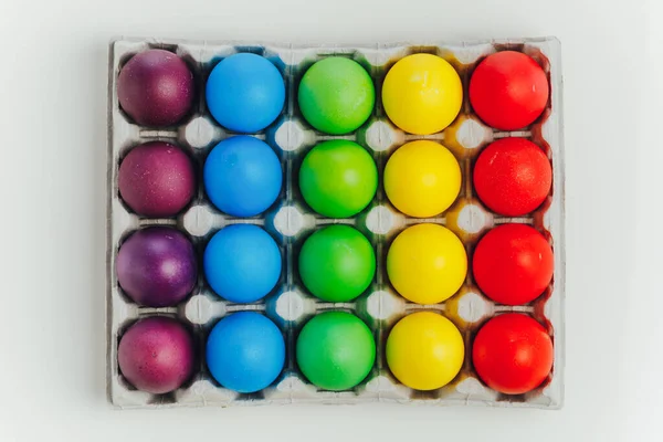 Easter Festive Multicolor Eggs Carton Top View — Stock Photo, Image