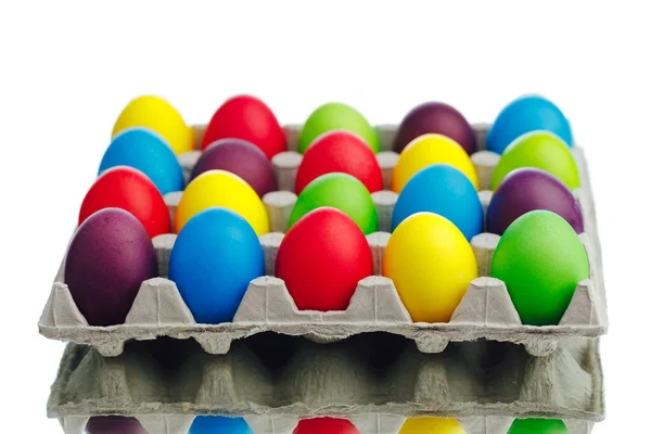 Easter Festive Multicolor Eggs Carton White Background Close View — Stock Photo, Image