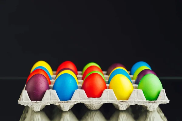 Easter Festive Multicolor Eggs Carton Black Background Copy Space — Stock Photo, Image