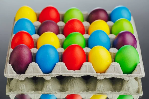 Easter Festive Multicolor Eggs Carton Gray Background Close View — Stock Photo, Image