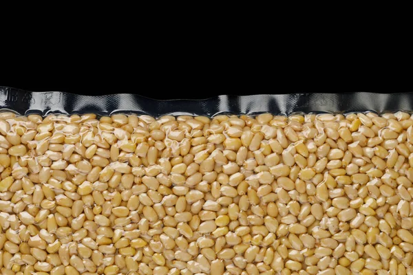 Part Pine Nuts Packed Vacuum Bag Black Background — Stock Photo, Image