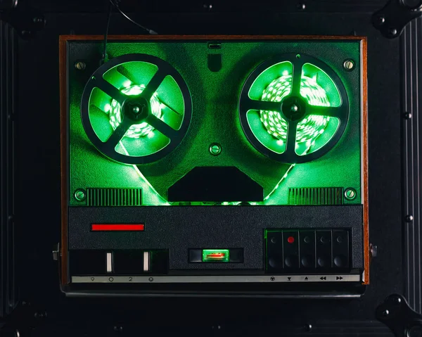 reel to reel audio tape recorder with green led light strip