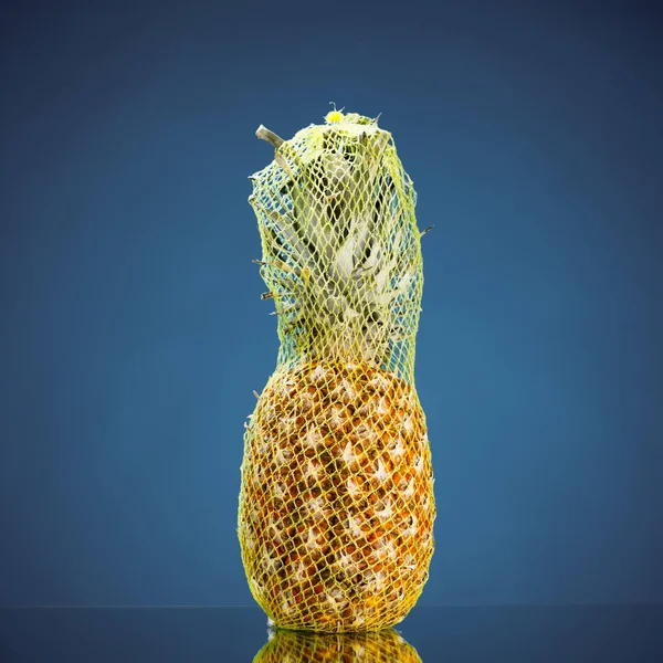 Ananas Verpakt Het Vervoer Van Gaas Blauwe Achtergrond — Stockfoto