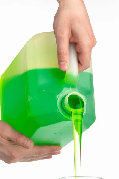 Liquid Soap Plastic Bottle Pouring Hands — Stock Photo, Image