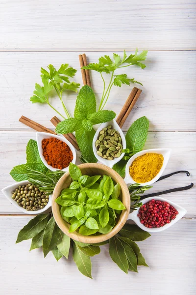 Fresh herbs and spices on a white wooden background — Stock Photo, Image