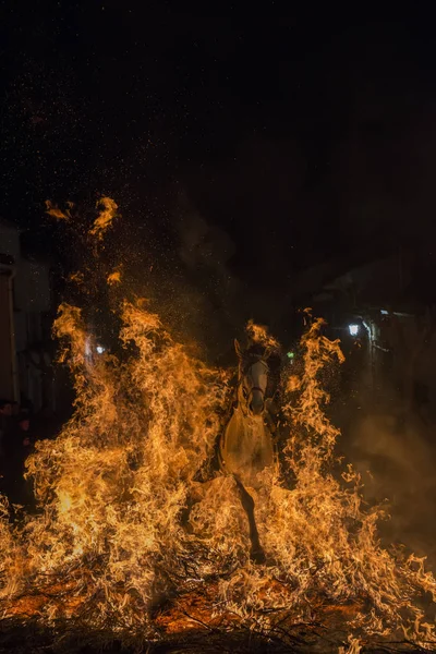 Um homem montando seu cavalo pulando através do fogo — Fotografia de Stock