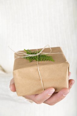 Bir hediye kutusu tutan eller kadın