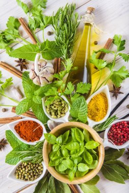 Taze ot ve baharat beyaz ahşap zemin üzerinde