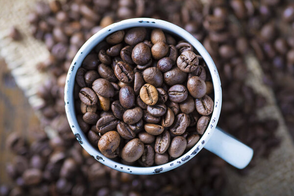Roasted coffee beans in a porcelain cup