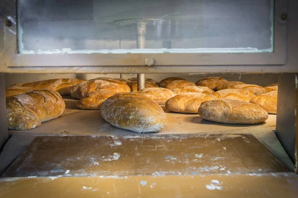 Pani di pane nel forno a legna — Foto Stock