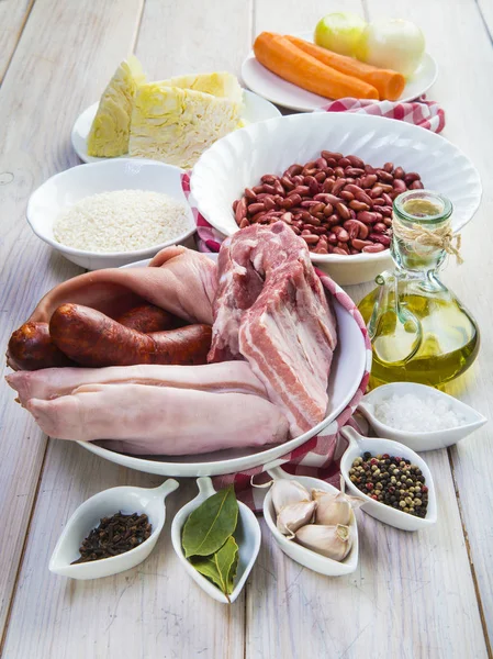 Ingredients for cooking a Portuguese feijoada — Stock Image Ingredients for cooking a Portuguese feijoada Stock Image
