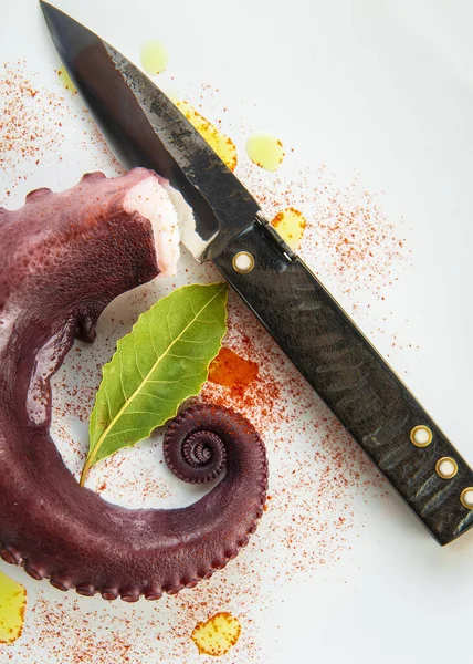 Gekookte Octopus Tentalce Geïsoleerd Een Witte Achtergrond Versierd — Stockfoto