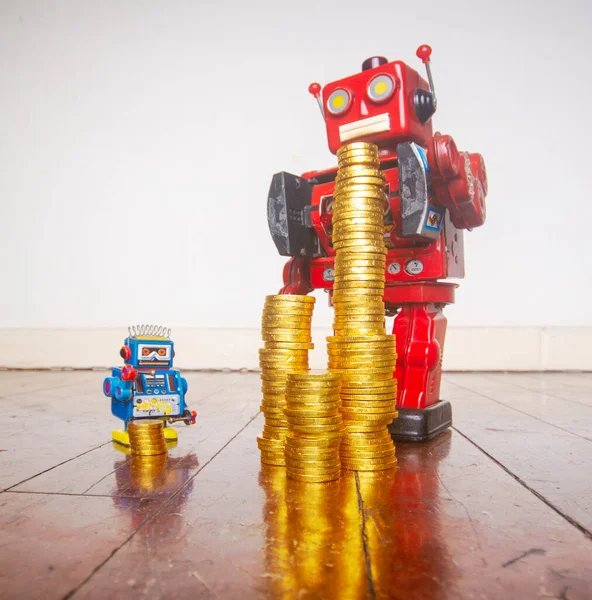 ヴィンテージロボットのおもちゃとお金の総不平等概念 — ストック写真