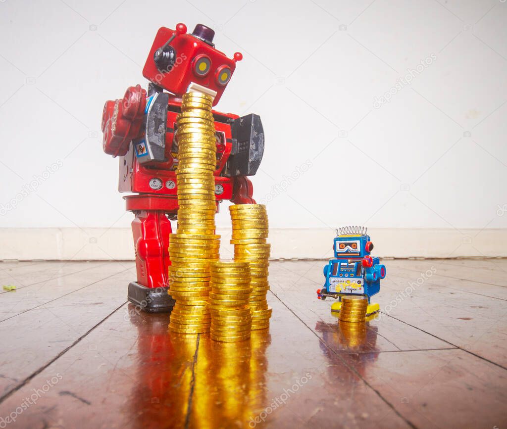 vintage robot toys  and there money  gross inequality concept 