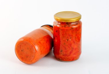 Geleneksel Makedon gıda. Ajvar ve lutenitza kavanoza. ev yapımı ürün
