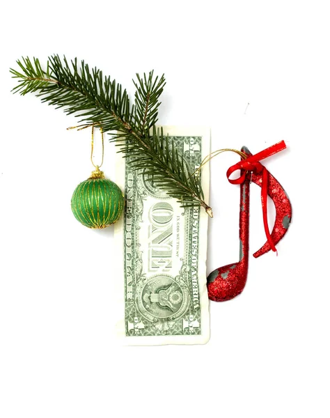 Één dollar met kerst decoratie elementen — Stockfoto