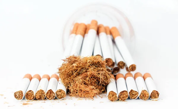 Cigarrillos en una taza desechable y tabaco sobre fondo blanco — Foto de Stock